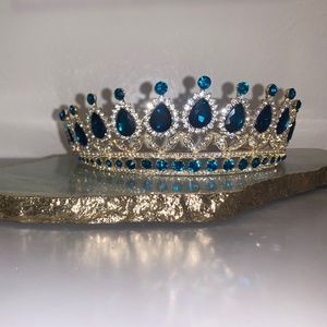 Gold Crown/Tiara with Turquoise Blue Crystal Stones (OS)